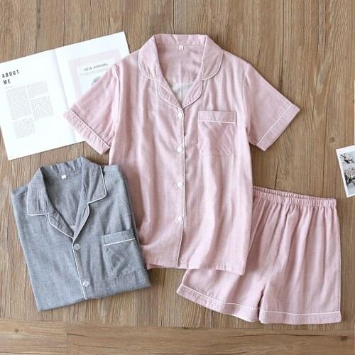 Summer new pajamas two-piece couple pure cotton knitted casual simple lattice breathable men and women short-sleeved shorts set