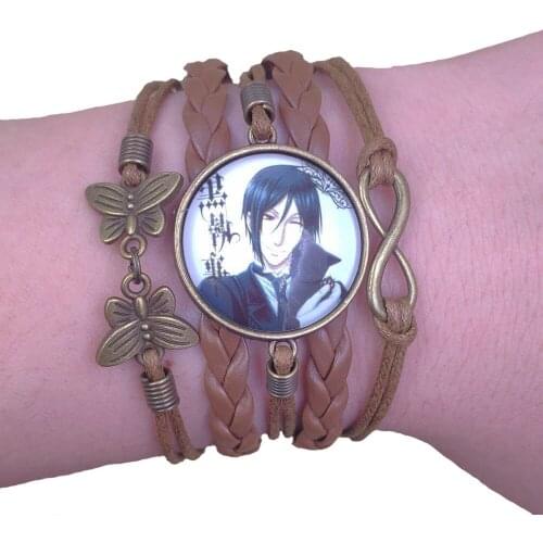 Brown Anime Leather Bracelet Black Butler Sebastian Time gem Handmade Multilayer Infinity Men Love Retro Drop Shipping HZS