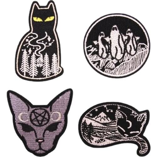 New Magical Pentagram Crescent Moon Gothic Cats Animals Patches for Clothing Iron Embroidered Patch Applique Iron on Patches
