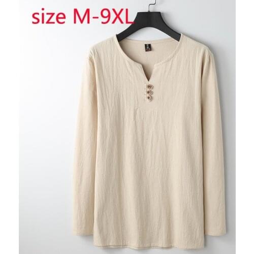 New Arrival Fashion Super Large Spring And Autumn Cotton Linen Long Sleeve Men Summer Thin V-neck Casual T-shirt Plus Size M-9XL