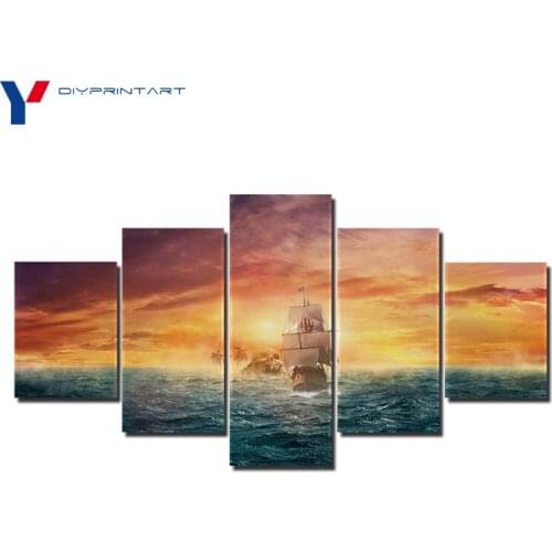 Ocean Sailboat 5 Panel Canvas Art Sunset Landscape Pictures for Living Room A0971