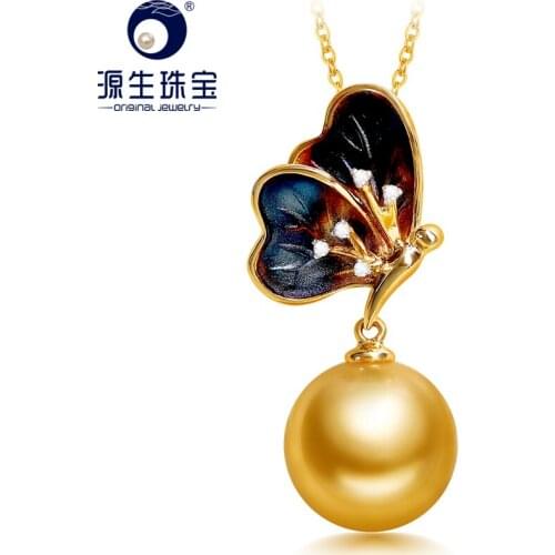 YS 14k Real Gold Butterfly Shape Pendant 11-12 mm Golden Saltwater South Sea Pearl Pendant For Women