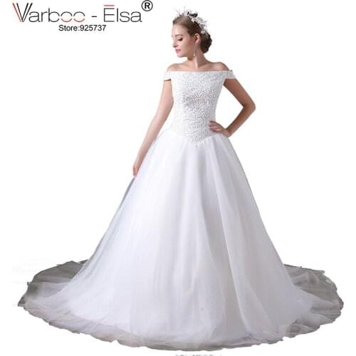 VARBOO_ELSA Luxury Beaded Sequined White Bridal Gowns Dubai 2018 Custom Made Sexy Boat Neck Wedding Dress Long vestido de noiva