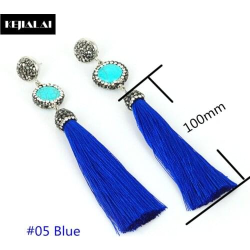 Luxury Original Unique Design Women Bohemian Tassel Earrings Hanging Drops Natural Stone Charm Paved with Rhinestone Earrings