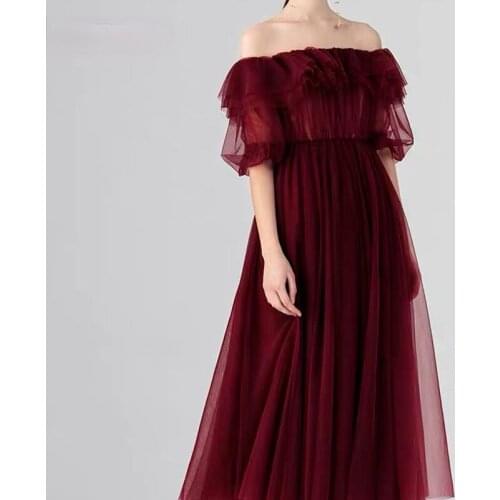 Christmas Red Dresses Long Sleeve Off The Shoulder Princess Dress 2021 Tulle Lace-up Formal Club Party Mesh Dresses Plus Size