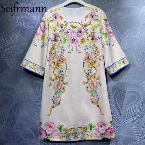 Seifrmann New 2021 Summer Women Fashion Designer Loose Dress Half Sleeve Gorgeous Crystal Beading Floral Printed Mini Dresses