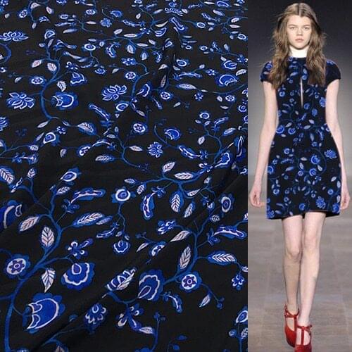 Blue floral on black bottom 100% pure silk crepe de chine silk fabric 137cm width,SCDC1121