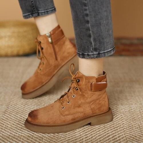 Lucyever Vintage Flock Autumn Boots Women 2021 New British Style Motorcycle Boots Woman Hook Loop Lace-up Low Heels Ankle Botas