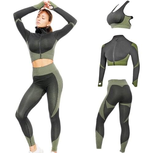 Womens Sportswear Seamless Casual Fitness Long Sleeve Jacket Push Up Gym Sport Bra High Waist Pant 3 Piece Set Slim Sport Suit