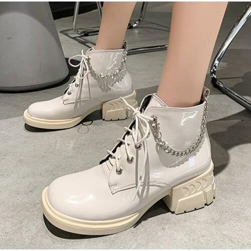 2021 New Women Ankle Boots Square Toe Mid Heel Boots For Ladies Pu Leather Metal Chain Platform Female Shoes Biker Footwear