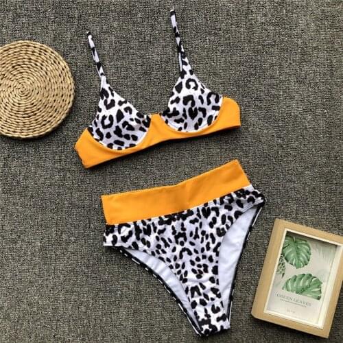 2019 Summer Leopard print padded swimwear New Brazilian women Push-up high waist patchwork bather pool Swimsuit Beach Wear Femme