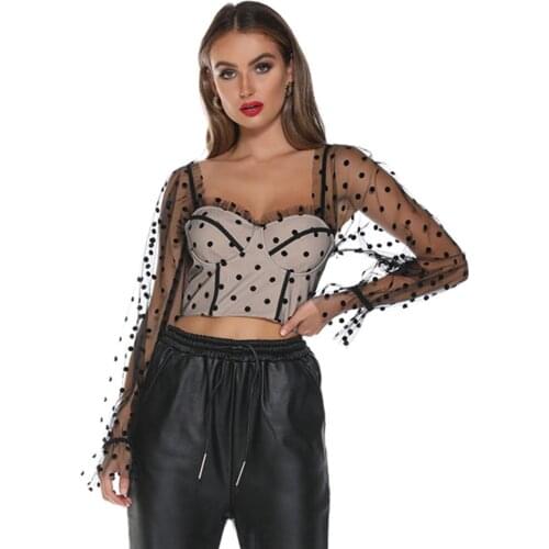 Women’s Mesh Wave Point Crop Top Square Neck Long Transparent Sleeve Top Slim Fit Clothes 2020 New Fashion Sexy Ladies Tops