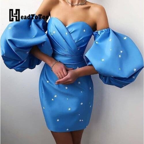 Chic Star Print Off Shoulder Puffed Long Sleeve Elegant Dress Women Backless Party Club Dress