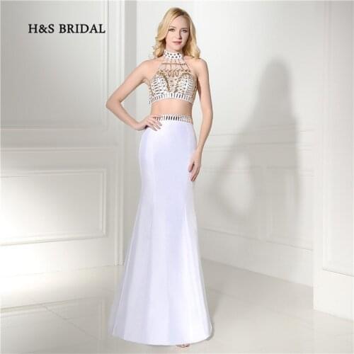 H&S Bridal White Halter Sexy Two Pieces Mermaid Prom Party Gowns 2017 Cheap 2 Pieces Backless Evening Dresses