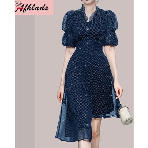 New Summer Womens Clothing Vintage V-Neck Lantern Short Sleeve High Waist Thin Chiffon Party Asymmetrical Midi Vestidos