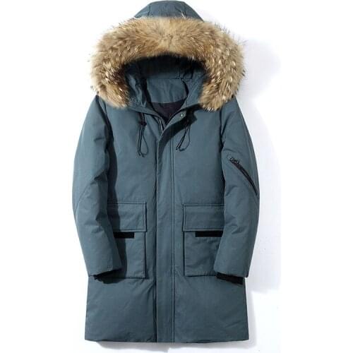 Down Jacket Winter New Style White Duck down MenS Wear Mid-length Warm Large Fur Collar Hooded Jacket