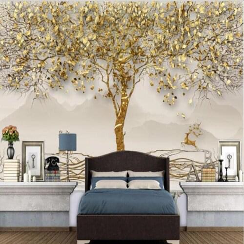 Customized 3D mural wallpaper gold leaf forest elk landscape TV background wall decoration painting