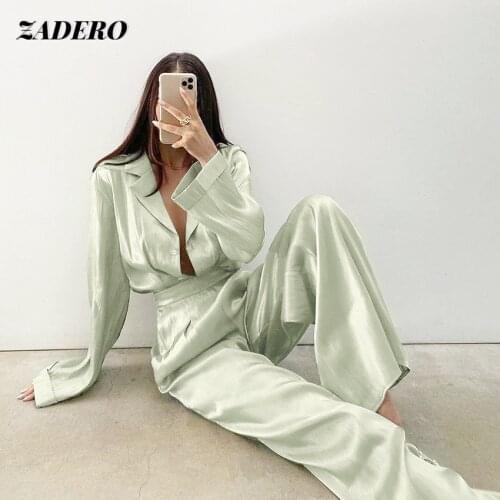 Satin Suit Casual 2021 New Long-sleeved Loose Shirt Trousers Fashion Two-piece Womens Suit High Street Autumn Blouse Shirts