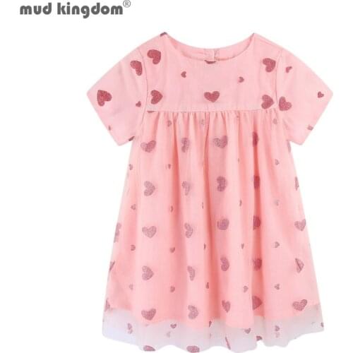 Mudkingdom Sparkly Heart Big Girls Midi Dress with Tulle Girl Short Sleeve Dresses Loose Princess Party Children Summer Clothes