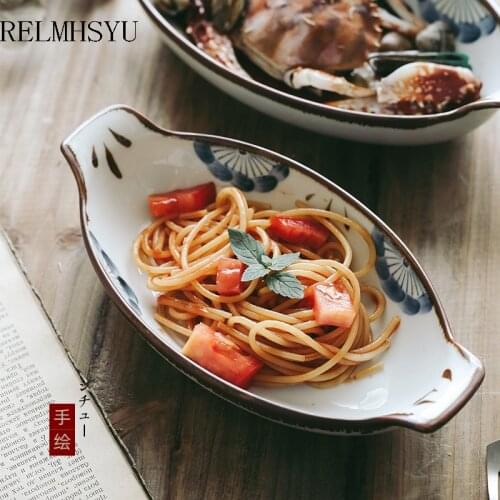 1PC RELMHSYU Japanese Style Ceramic Hand-painted Retro Boat Shape Baked Rice Fruit Snack Salad Dinner Plate Dish Tableware