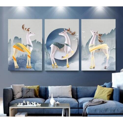3 Pieces Cute Ceramic Deer Modern Painting Canvas Wall Art Decorative For Bedroom Living Room Poster Unframed