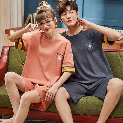 Summer Cotton Couple Pajamas Set Cartoon Female Short Sleeve Shorts Nightwear Women And Men Leisure Plus Size Patchwork Homewear