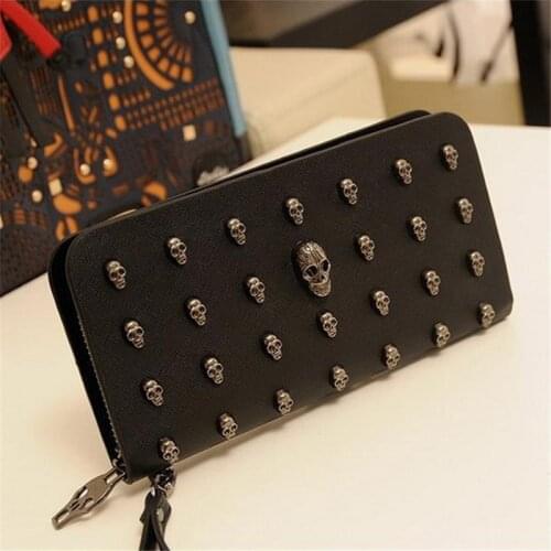 2021 Hot Sale Women Wallets Metal Skull Wallet Card Purse Leather Wristlet Handbags