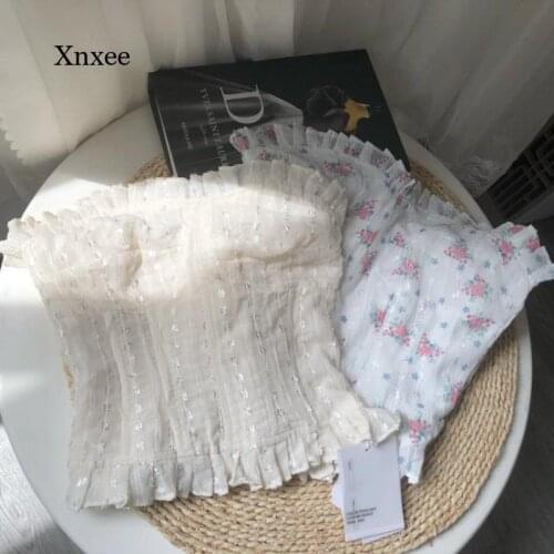 Ins Fashion Sexy Lace Camis Ruffled Floral Print Top Women Sweet Short Off Shoulder Girl Basic Tank Crop Tops Shirt Fashion Tee