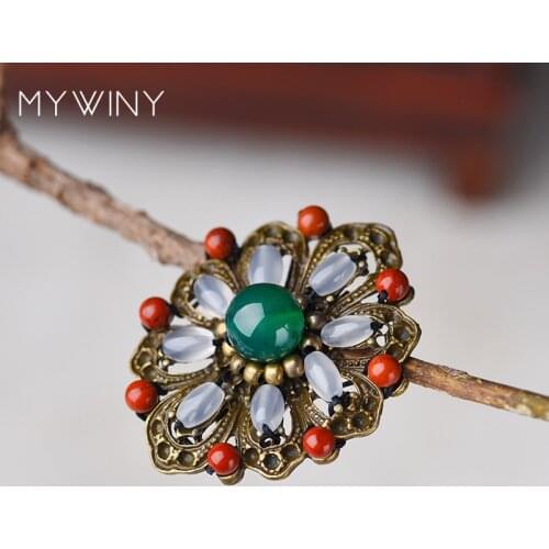 MYWINY New Original handmade natural stone brooch ,New Ethnic jewelry copper flowers brooch, glazed stones vintage brooch gift