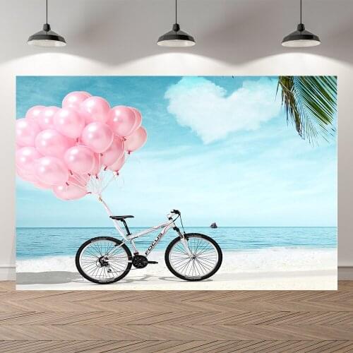Neoback Summer Vacation Sea Beach Photo Balloon Bicycle Holiday Photography Background Photographic Backdrop For Studio Shoot