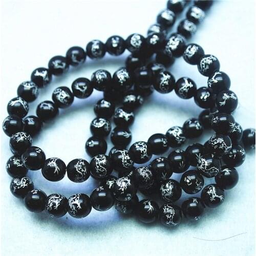 New Glass Beads Silver Dragon Round Shape 8MM 10MM Black Colors For Women Jewelry DIY Accessories Craft Findings