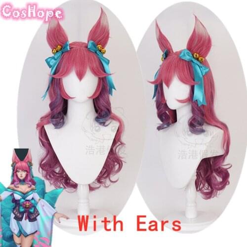 Ahri Cosplay Spirit Blossom Cosplay LOL Cosplay Curly Wave Pink Purple Wig Cosplay Anime Heat Resistant Synthetic Wigs Halloween