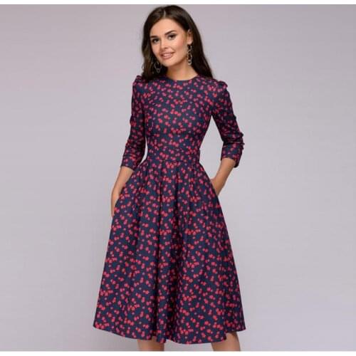 A-line Ball Grown Summer Dress Vintage Floral Print Three Quarter Sleeves Womens Clothing Long Dress O-neck Office Lady Dresses