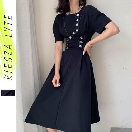 New Summer Black Dress 2020 Vintage French Ladies Fit and Flare Button Puff Sleeves Party Dresses Office Wear High Quality