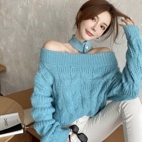Hollow Pullover Sweater Womens 2020 The New Autumn Winter Korean Fashion One Shoulder Loose Wild Pure Color Knit Sweaters Female