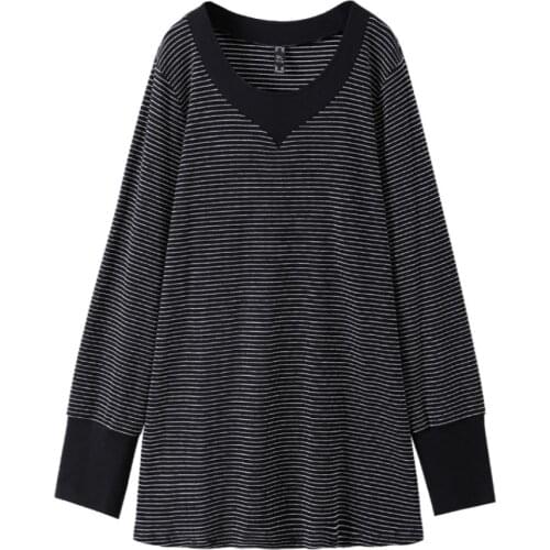 Plus Size 10XL 8XL 6XL Women Spring Autumn Long Sleeves T-shirts Femme Black White Striped V Neck Tops A-line T Shirt For Mujers