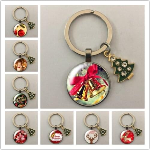 Merry Christmas Cute Elk Reindeer Elk Round Glass Glass Cabochon Keychain Ornament Gift