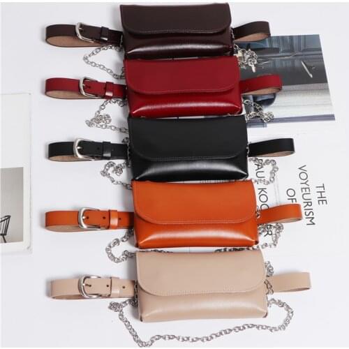 Chic Women Fashion Cow Leather Waist Packs Plus Size Genuine Leather Waist Belts With Phone Bag Chain Messenger Bag Purse Pack