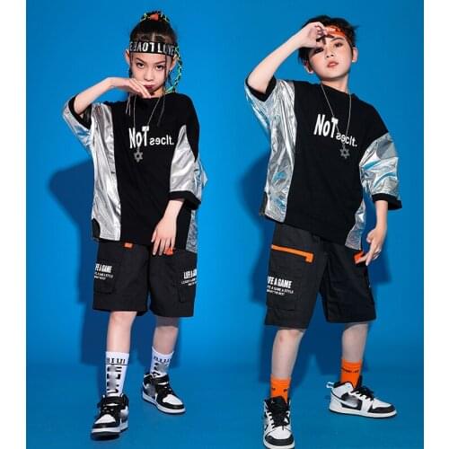 Hip-Hop ChildrenS Tide Clothes Boys Summer Hiphop Style Short-Sleeved Shorts Rave Clothes Girls Jazz Street Dance Wear DQS7178