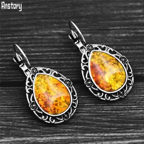 Vintage Drop Synthetic Ambers Earrings Antique Silver Plated Flower Pendant Fashion Women Earring