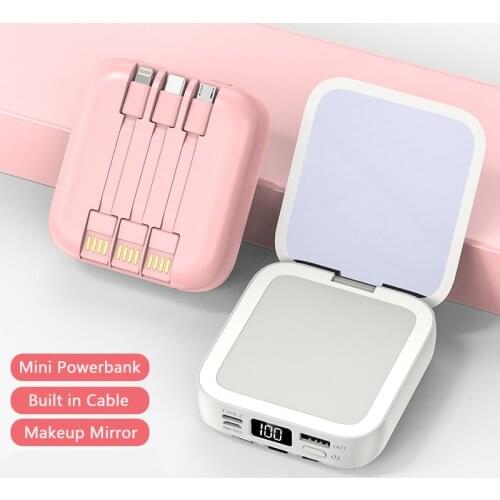 Mini Power Bank 20000mAh Built in Cable Powerbank 10000mAh with Makeup Mirror External Battery For iPhone 12 Xiaomi mi Poverbank