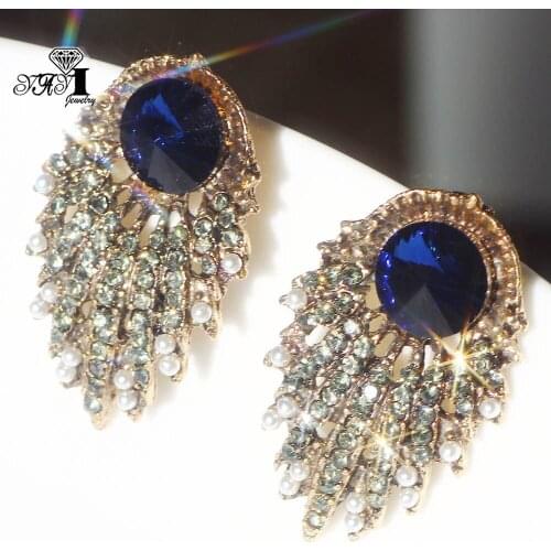 YaYi Jewelry Multi Glass Flower Dangle Women Ancient Gold Color Wear Ear Band Tassel Wedding Stud Drop Hoop Clip Earrings