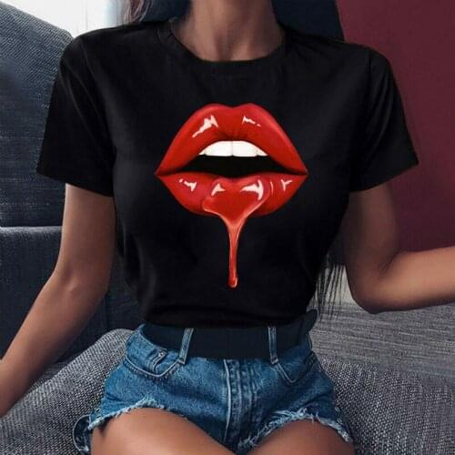 Red Mouth Lip Print Women T Shirt Black Summer Funny Top Graphic Tee Shirt Fashion Harajuku Femme T Shirts Woman Clothes