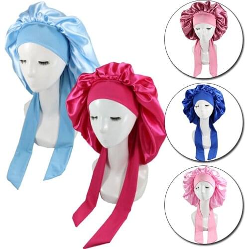 Women Soft Satin Silky Nightcap Solid Color High Elastic Band Sleep Hat With Ribbon Large Head Wrap Shower Cap Turban Cover