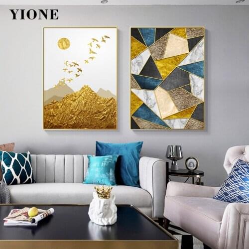 Abstract Golden Blue Geometric Splice Wall Art Canvas Paintings Moon Mountain Luxury Landscape Poster Picture Print Home Decor