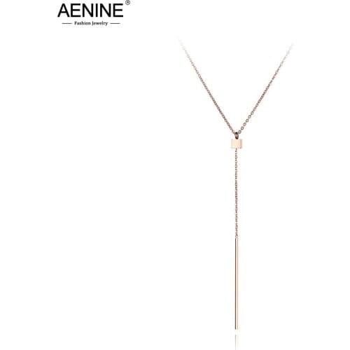 AENINE Bohemia Stainless Steel Squares Strips Pendant Necklaces Jewelry Rose Gold Chain Chokers Necklace For Women Girls AN19007