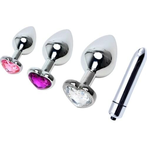 3 Size Stainless Steel Anal Plug Vibrator With Heart Crystal Dildo Bullet Vibrators Butt Plug Masturbator Anal Sex Toys Massager