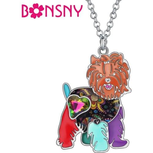 BONSNY Floral Rhinestone Crystal Enamel Alloy Sweet Yorkshire Dogs Necklace Pendant Novelty Party Jewelry For Women Girls Gifts