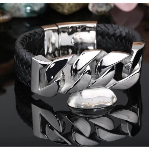 24mm 9 inches Mens 100% Genuine Black Braided Leather Bangle Stainless Steel Shiny Curb Cuban Chain Bracelet Punk Rock Men
