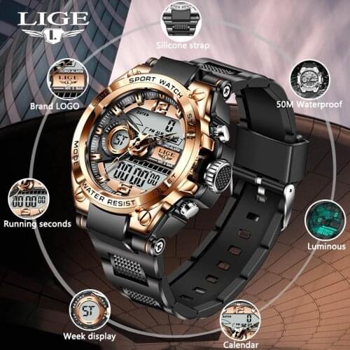 LIGE Mens Chronograph Watches Sport Male Clock Stop Army Military Watch Men Multifunction Waterproof LED Digital Watch for Man